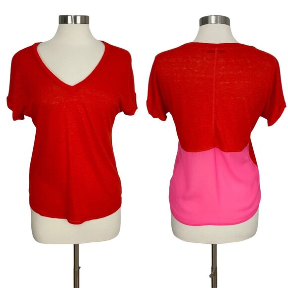 Sandro SMALL 1 Red Pink Linen Blend Color Block Lightweight Short Sleeve T-Shirt - Picture 1 of 9